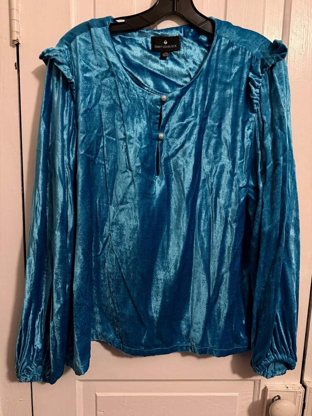 Emily Lovelock Turquoise Blue Velvet Long Sleeve Top Blouse Pearl Buttons Large